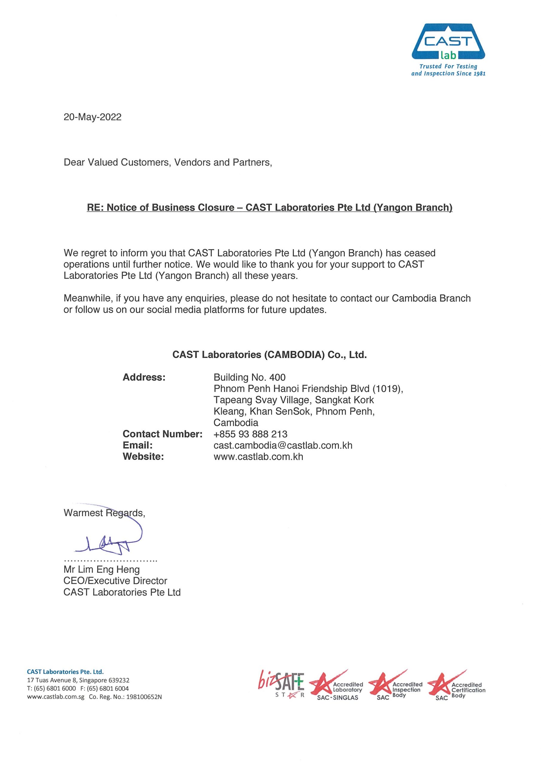 Notice of Business Closure - CAST Laboratories Pte Ltd (Yangon Branch)